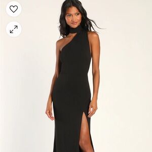 NWT Lulus Keep It Interesting Black Asymmetrical Cutout Halter Maxi Dress